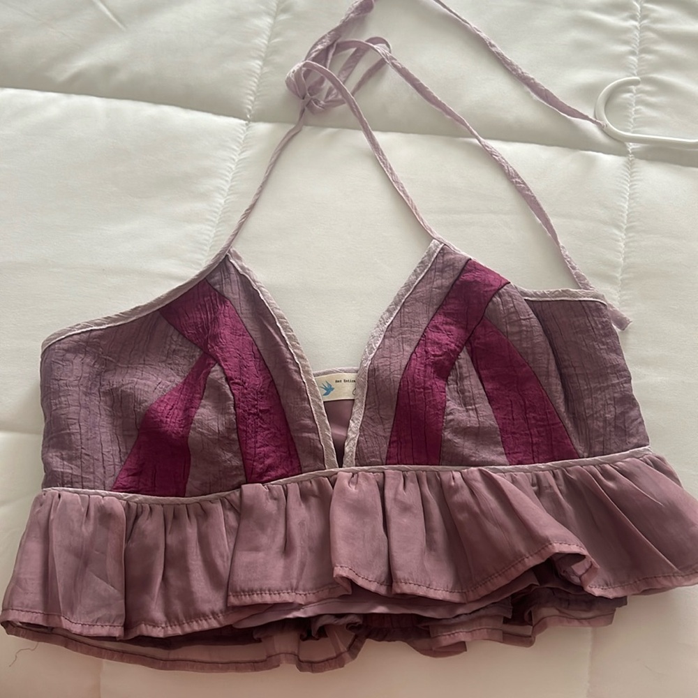 Blue Spero lavender halter top with ruffle hem
